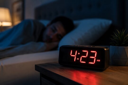 Man sleeping in bed at night with red digital alarm clock showing 4:23 am.