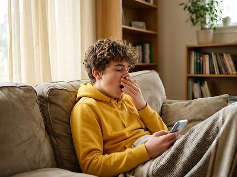 Teenage boy yawning widely, holding phone, sitting on couch, feeling tired.