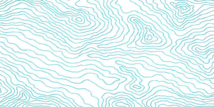 Topographic contour map with light blue lines on a white background. This abstract pattern represents elevation changes and landforms, evoking a sense of geography and exploration.