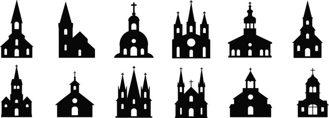 Naklejka premium Collection of Black Silhouettes of Various Church Buildings with Steeples and Crosses architecture religion