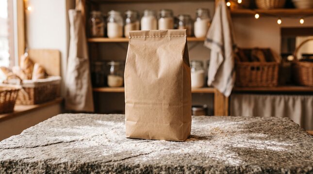 Blank paper flour bag mockup standing on a rustic stone kitchen counter in a warm cozy home kitchen
