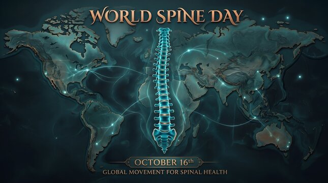 Glowing human spinal column centered over a detailed world map illustration for world spine day medical awareness campaign event poster