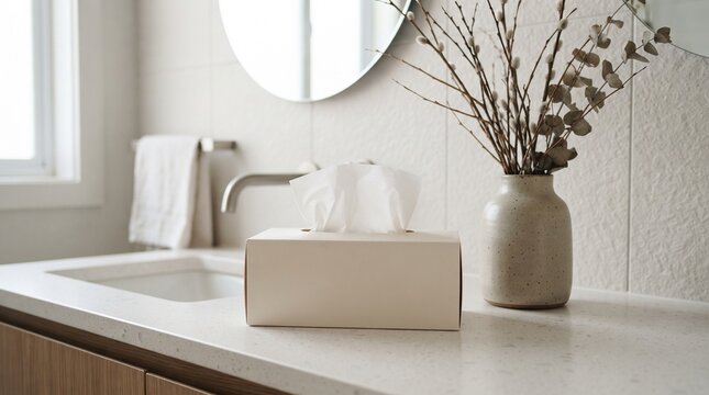White Tissue Box on a Modern Bathroom Countertop with Decorative Vase in a Bright Minimalist Setting