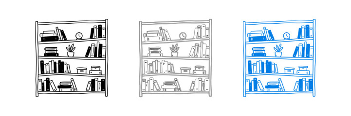 Modern bookshelf with organized books and blue accents isolated on transparent background, Vector © Riyadkingline