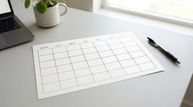 Minimalist blank weekly planner grid with pen on office desk