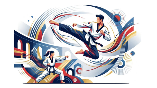 Dynamic illustration of a male taekwondo practitioner performing a flying kick while a female practitioner strikes below, set against a vibrant abstract background with artistic swirls