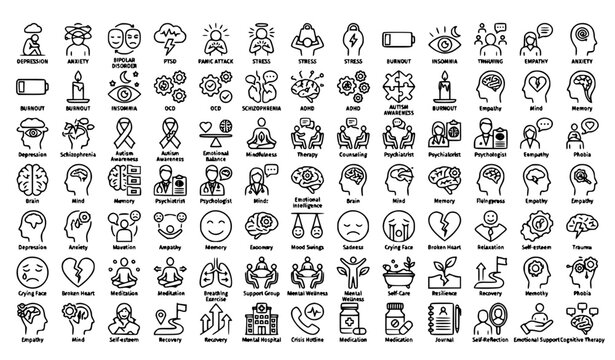 Mental Health and Psychology Line Icon Set with Brain, Therapy, PTSD, OCD, ADHD, Meditation, Counseling and Wellness Outline Vector Collection