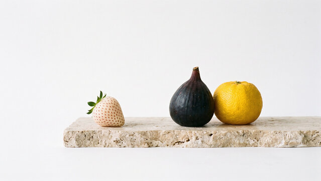 Minimal Still Life of White Strawberry, Fig and Yuzu on Natural Stone Slab