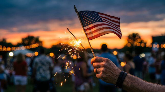 Person holding american flag and sparkler at evening summer festival
