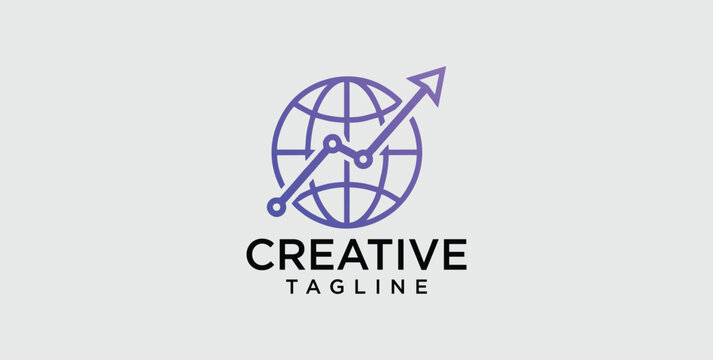 Global business growth logo template with globe and rising financial chart arrow