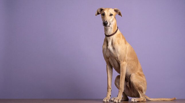 Elegant tan sighthound dog sitting and looking at camera against a solid purple studio background