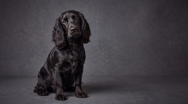Portrait of a black Cocker Spaniel sitting against a dark gray studio background