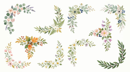 Watercolor floral corner accents and borders for invitations, greeting cards, and decorative design projects © Rubendi