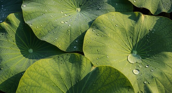 Green lotus leaves with water drops.