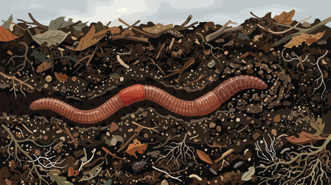 Earthworm Burrowing Through Rich Soil Ecosystem with Roots and Organic Debris, Illustrating Soil Health and Biodegradation