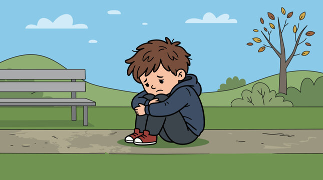 A cartoon boy sitting alone on a park path looking sad and dejected.
