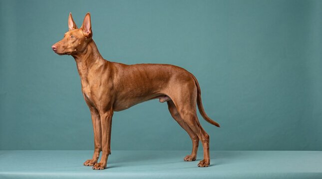 Athletic Pharaoh Hound dog standing in profile on a teal studio background