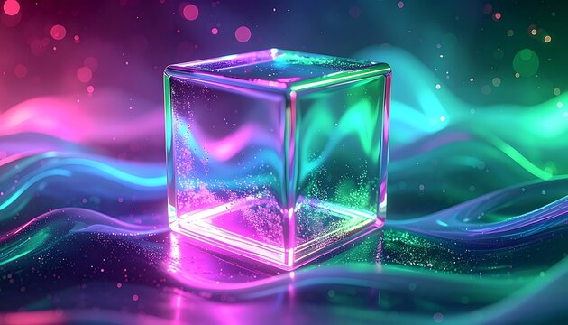 Abstract transparent cube glowing with neon lights, surrounded by colorful smoke and particles, futuristic digital art