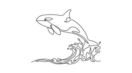Orca whale jumping from ocean wave, continuous line art drawing, isolated on white background © Yusuf