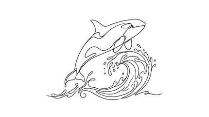 Orca whale jumping over ocean wave, single line art drawing, minimalist style © Yusuf