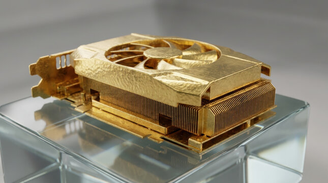 Golden computer gpu cooling fan on glass block showing ai tech innovation fighting inflation impact on hardware market