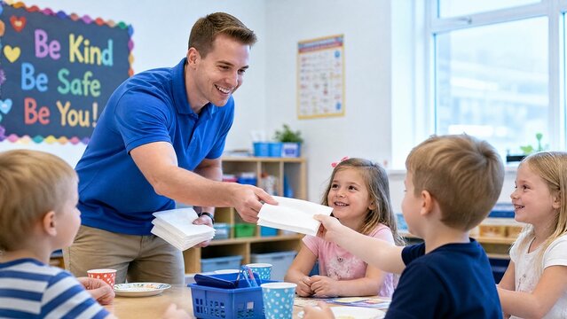 Friendly Male Teacher Handing Out Napkins to Preschool Children During Snack Time in Classroom
