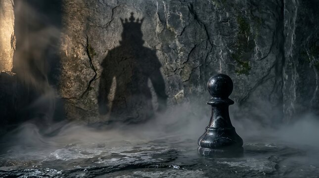 Chess pawn casts a powerful king shadow on a dark stone wall to represent hidden potential and ambition.