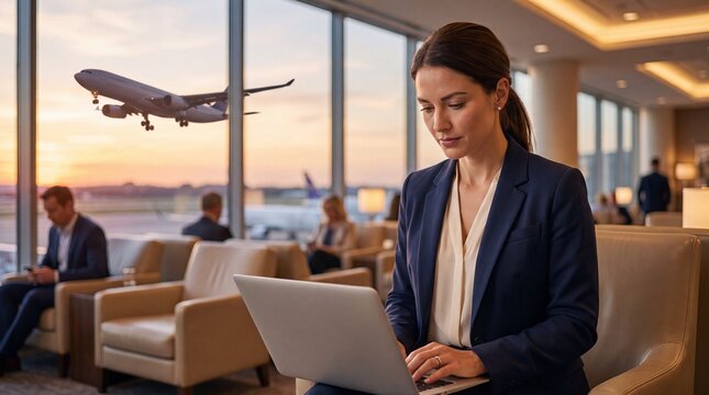 Professional Businesswoman Working on Laptop in Airport Executive Lounge with Airplane Taking Off at Sunset