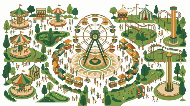 Illustrated Vintage Amusement Park Aerial View Design. EPS Editable. Vector Illustrations.