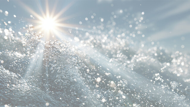 氷や雪のようなキラキラしたテクスチャの上に強い光芒が広がる様子