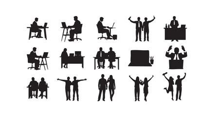 Obraz premium Set of black and white business and office themed people icons in various poses on a white background.