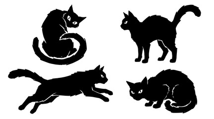 Set of black cat silhouettes in various poses isolated on a white background for creative design © MDSHOFIULAZAM