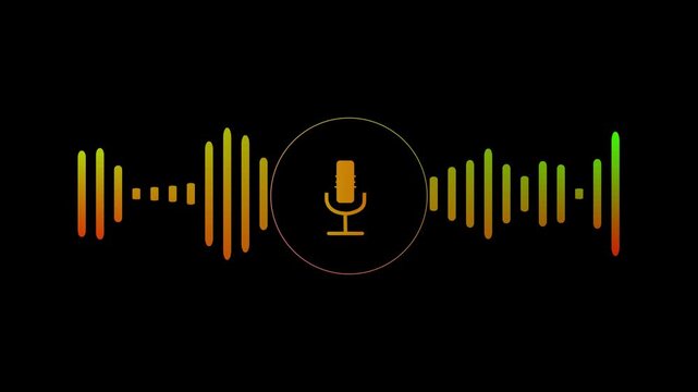 A microphone icon with white animated equalizer. Animation for video podcast, broadcast, radio, intro or opener. Music or sound vizualization with sound wave, frequency in the dark blue background.