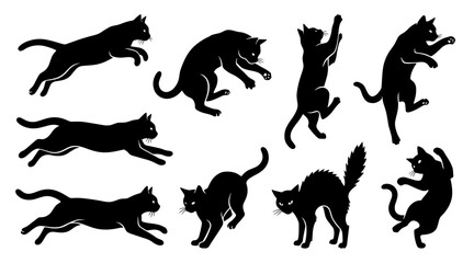 Obraz premium Black Cat Silhouettes Jumping and Playing in Various Dynamic Poses Isolated on a White Background