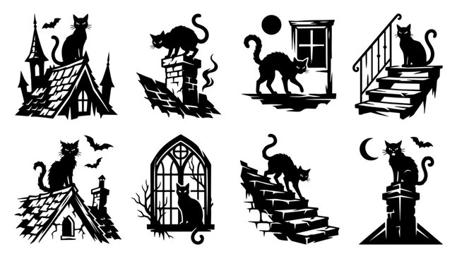 Black cat silhouettes on rooftops and gothic architecture elements in a mysterious dark style