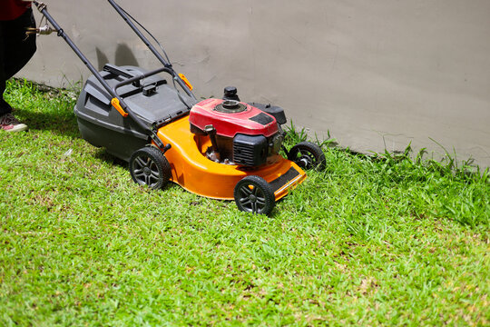 An orange engine-powered lawn mower being used to cut green grass in a backyard garden.