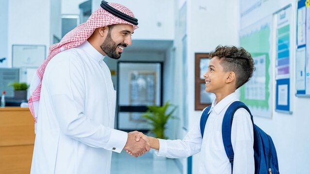 Smiling Arab Teacher or Father Shaking Hands with Young Student in Modern School