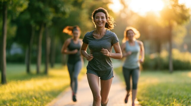 A happy runner jogging fot exercise with friends in a park. Fitness training, cardio workout, healthy lifestyle,and positive energy in nature concept.	