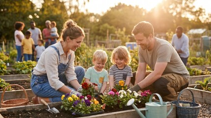 Family Planting Flowers Together on Summer Bank Holiday