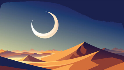 Crescent moon shining over desert landscape with sand dunes landscape crescent twilight wilderness outdoors environment peaceful dramatic nighttime mysterious sandscape geography solitude © icon sos