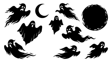 Fototapeta premium Black Ghost Silhouettes Flying with Moon Icons Set in a Minimalist Graphic Style for Design Projects