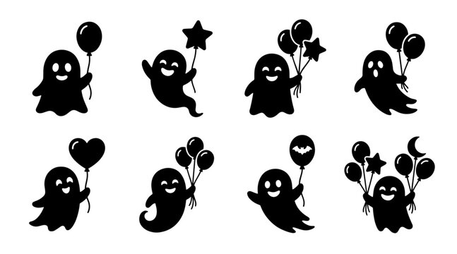Collection of cute ghost silhouettes holding various balloons in a minimalist flat graphic style