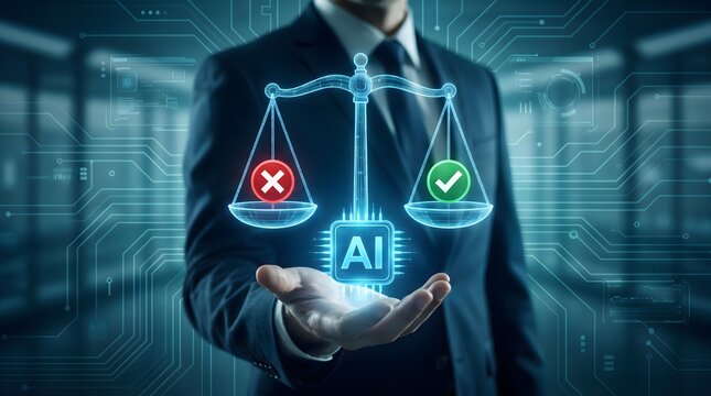 Businessman balancing ai ethics with technology and innovation