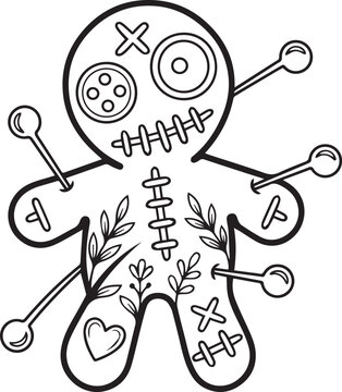 Stylized voodoo doll with button eyes and floral pattern for Halloween coloring page vector design