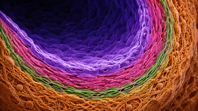 Colorized cross section of blood vessel wall layers showing endothelium, intima, media, and adventitia with neon purple, pink, and green fluorescent cell structures