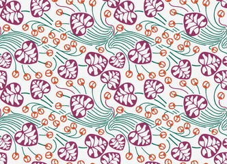 Naklejka premium Vintage Art Nouveau seamless pattern. Bright wallpaper design with purple lily pads, green stems, and orange flower buds.