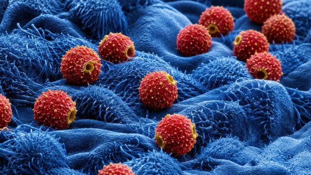 Cancer cell and viral particle interaction on skin surface under microscopy, showing red rounded spore body with blue cell background in colorized electron microscopy