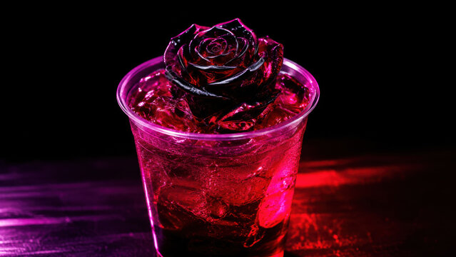 Dark rose sculpture resting atop iced crimson drink in clear cup, dramatic magenta neon glow illuminating black background with vibrant red light