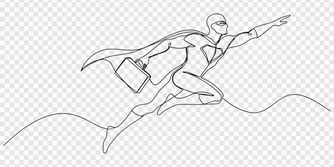 Fototapeta premium a superhero in a dynamic flying pose with briefcases continuous line drawing, transparent background, wearing a cape and mask, carrying several rectangular briefcases, male hero minimalist outline on