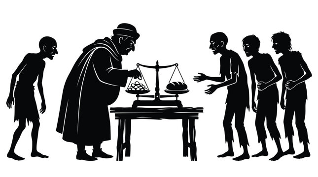 Black silhouette vector illustration of a greedy merchant weighing bread against small coins for hungry people